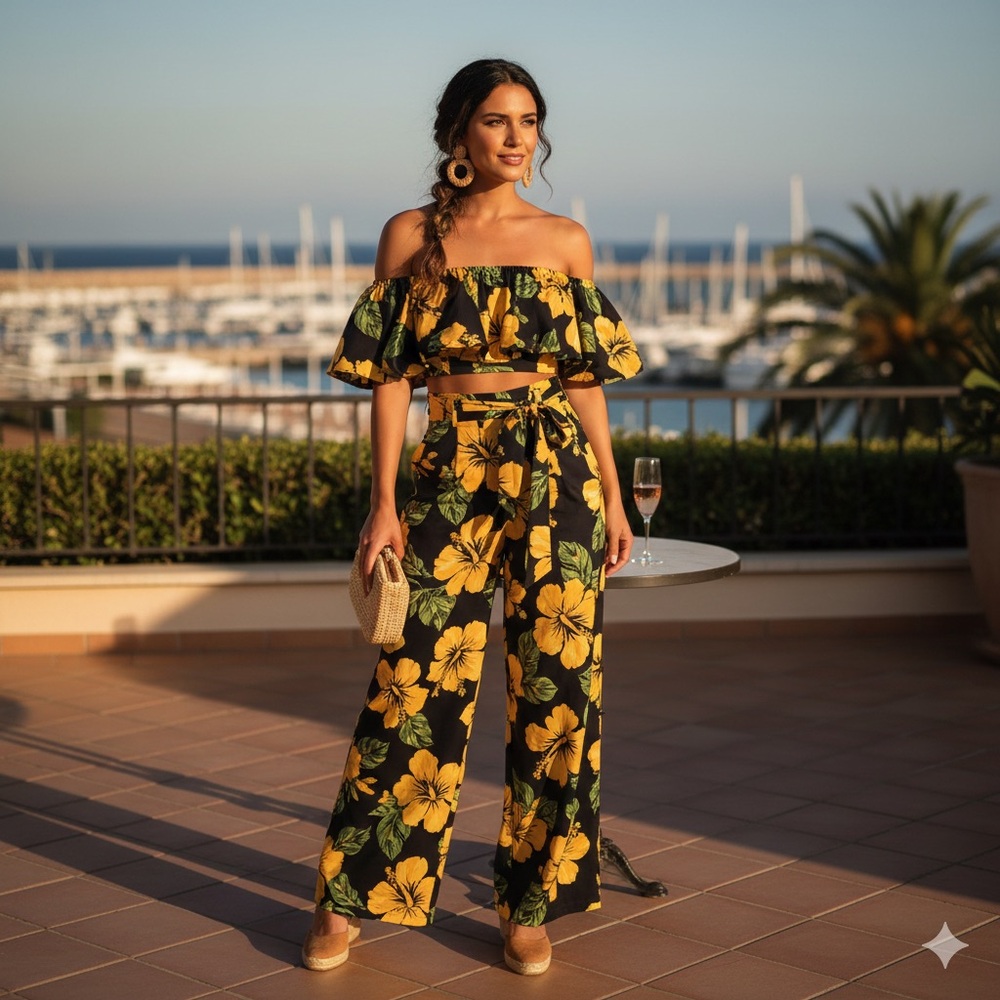 Zara Tropical Floral Co-ord Set‎ Off-Shoulder Top & Wide Leg Trousers Medium
